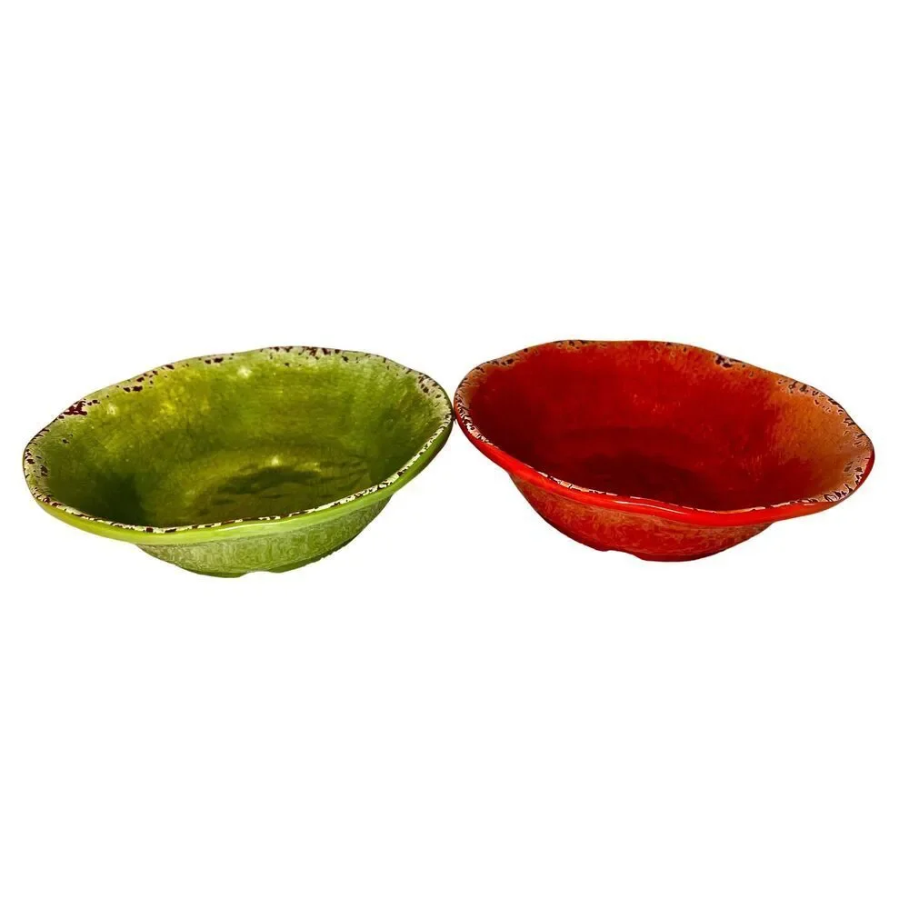 NWT Pier 1 Carmelo Melamine Green & Orange Crackle Set of 2 Bowls